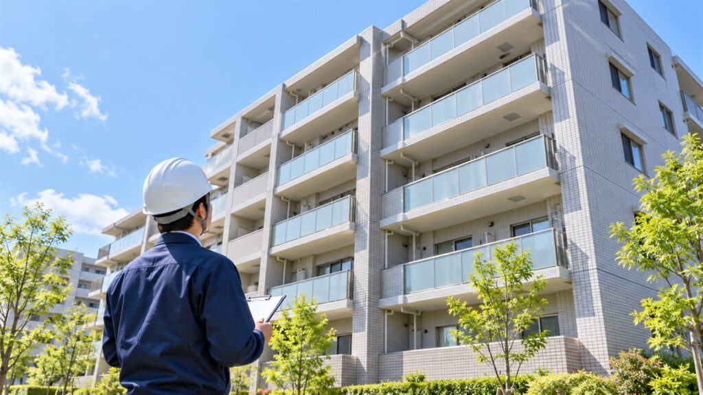 マンションの外壁を確認する技術者のイメージ（AI生成）