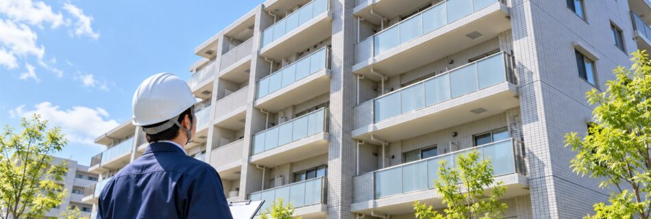 マンションの外壁を確認する技術者のイメージ（AI生成）