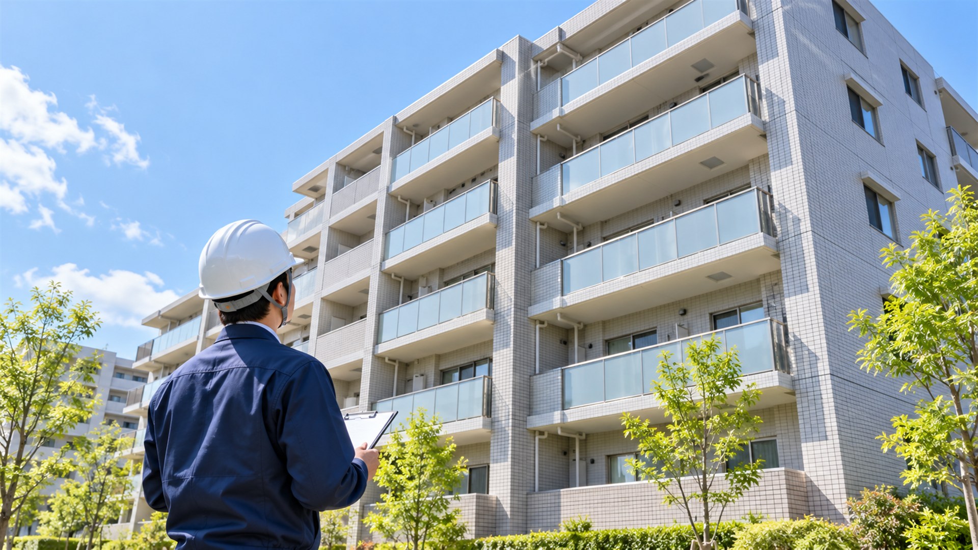 マンションの外壁を確認する技術者のイメージ（AI生成）