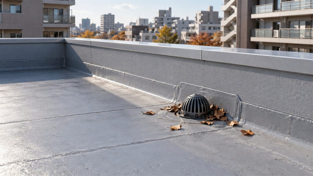 屋上の防水層と排水口、その周囲にある落ち葉
